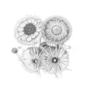 two empty open hands facing the viewer surrounded by lavender, dandelions, mint, camellias, wild flowers and rasberries tattoo design idea