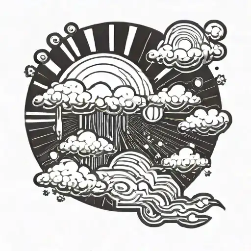A round tattoo with half a sun on the left side. A rain cloud on the top right and rain on the bottom right. tattoo design idea