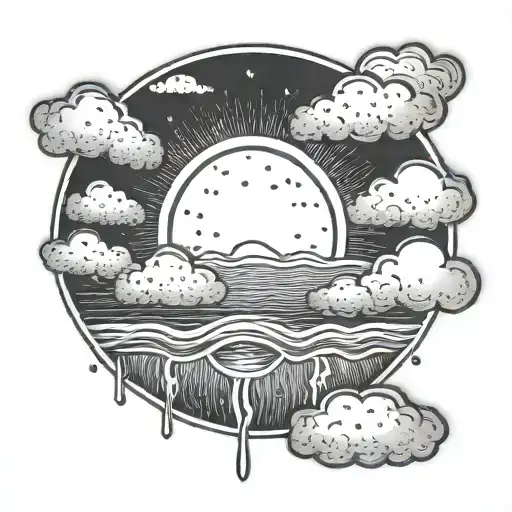 A round tattoo with half a sun on the left side. A rain cloud on the top right and rain on the bottom right. tattoo design idea
