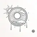 A round tattoo with half a sun on the left side. A rain cloud on the top right and rain on the bottom right. tattoo design idea