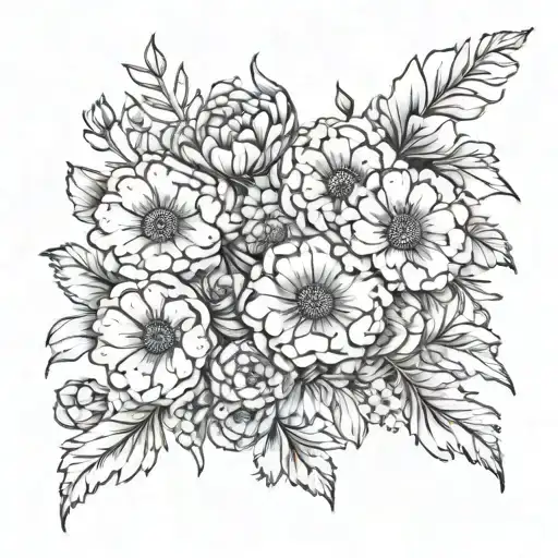shoulder wrap design with carnations, poppies and daisies. add a bee and some dot and line work  tattoo design idea