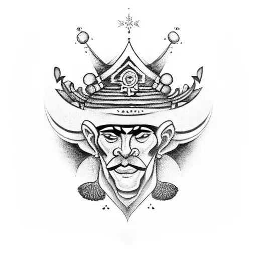 A black and grey tattoo of a Brazilian folklore character, like Saci Pererê, with a communist symbol on its hat tattoo design idea