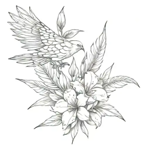 oleander flower over raven feathers   tattoo design idea