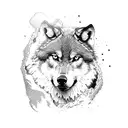 a lonely wolf on a cliff in the mountains, a beautiful stream flowing into a pond, tall trees in the surrounding tattoo design idea