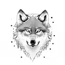 a lonely wolf on a cliff in the mountains, a beautiful stream flowing into a pond, tall trees in the surrounding tattoo design idea