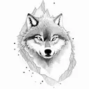 a lonely wolf on a cliff in the mountains, a beautiful stream flowing into a pond, tall trees in the surrounding tattoo design idea