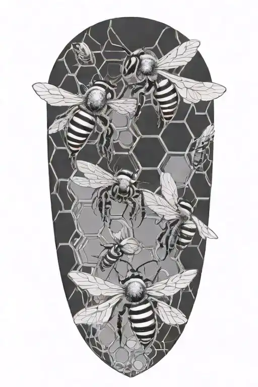 realistic depiction of 3 honey bees on a futuristic looking hive tattoo design idea