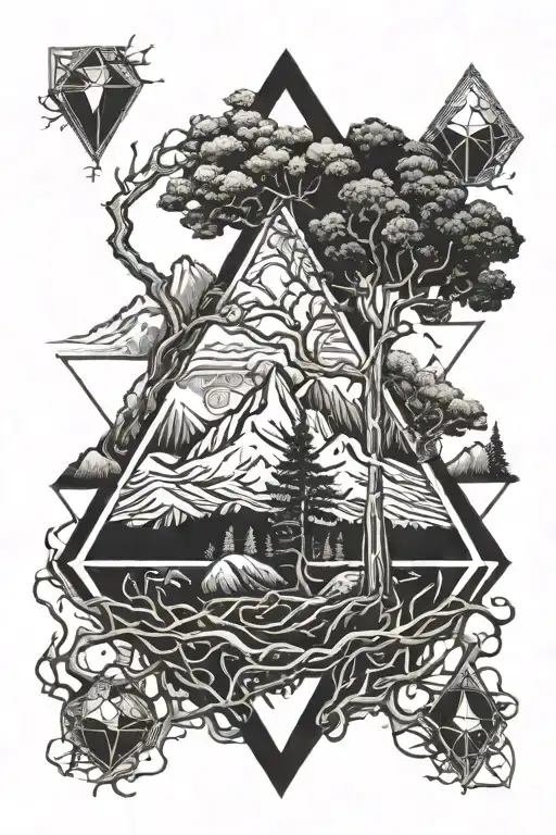 tree and roots with a mountain background and space inside diamond shapes tattoo design idea