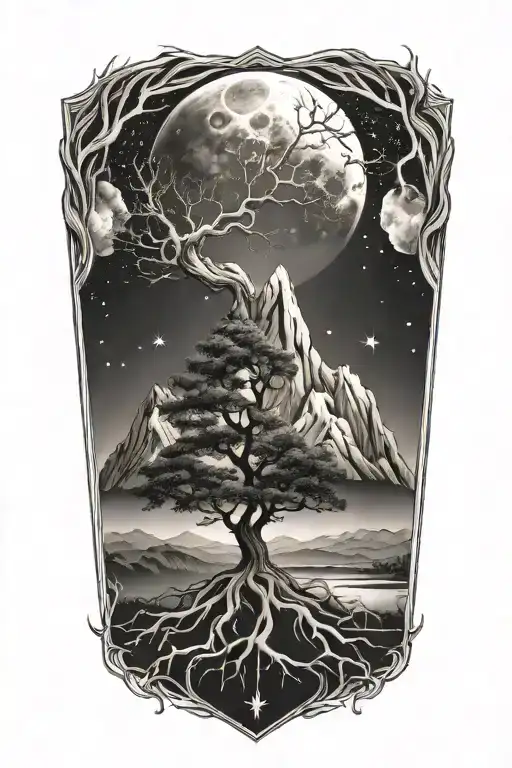 tree with roots and a mountain background with outerspace and heaven above inside diamond tattoo design idea