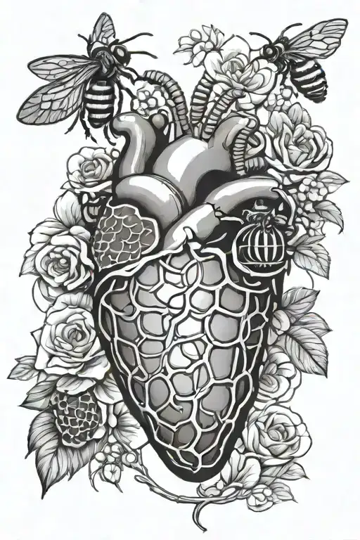 anatomical heart with beehive pattern and honey bees tattoo design idea