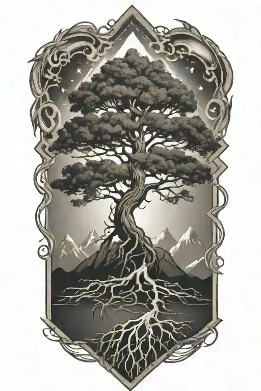 christian tree with roots with mountains and space above it inside diamond designs tattoo design idea