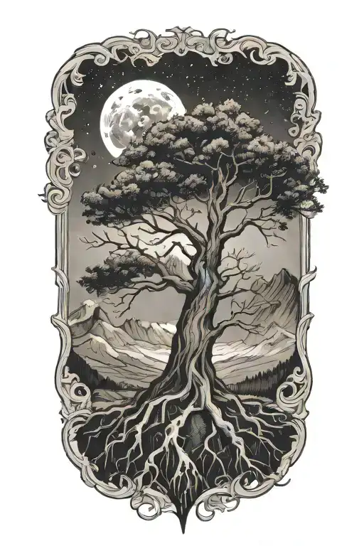christian tree with roots with mountains and space above it inside traingle designs tattoo design idea