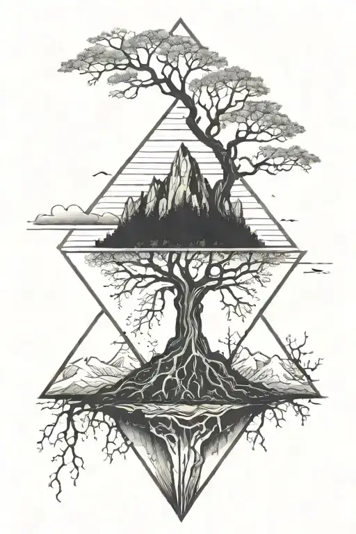 tree with roots at the bottom mountains in the middle and space on top inside diamond shape tattoo design idea