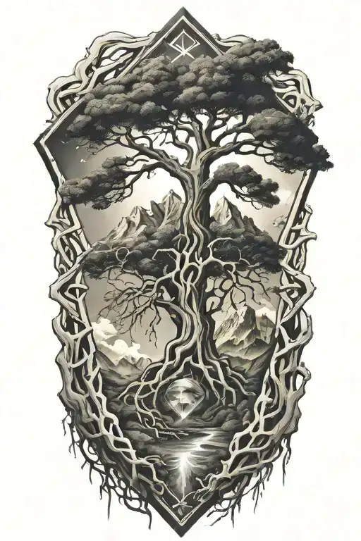 tree with roots mountains and outerspace inside diamond shapes tattoo design idea