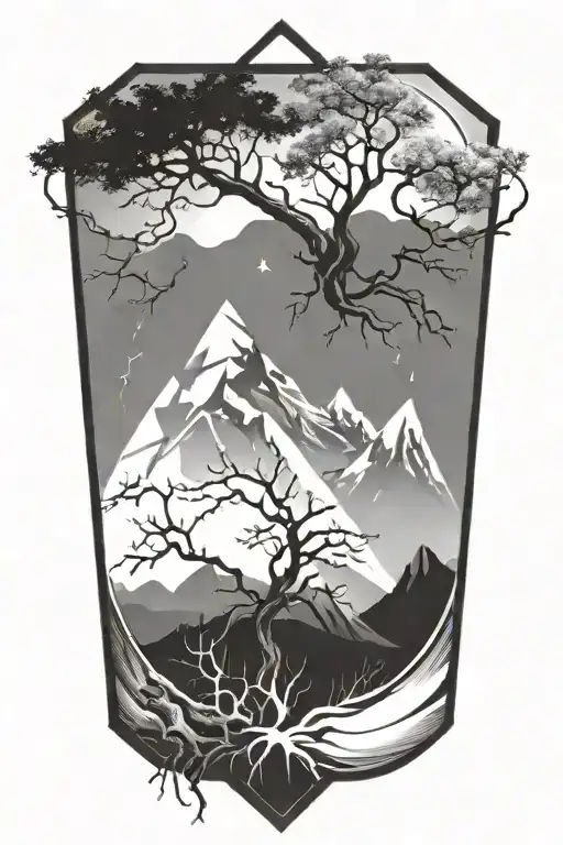 tree with roots mountains and outerspace inside diamond shapes tattoo design idea