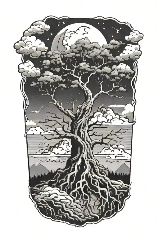 tree with roots mountains outerspace and heaven  tattoo design idea
