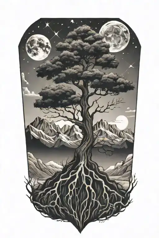tree with roots mountains and outerspace inside diamond shapes tattoo design idea