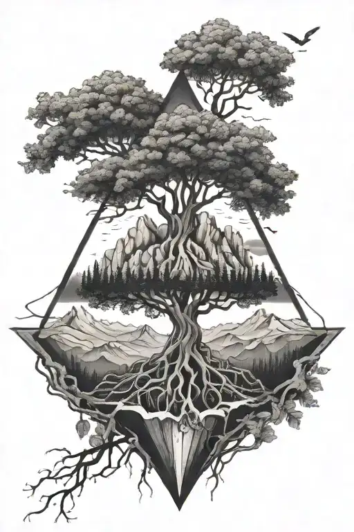 tree with roots at the bottom mountains in the middle and space on top inside diamond shape tattoo design idea