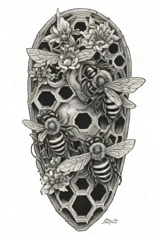 realistic heart and honey bees with hive honey colm tattoo design idea