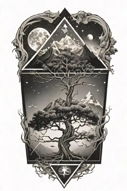 tree with roots and a mountain background with outerspace and heaven above inside triangles tattoo design idea