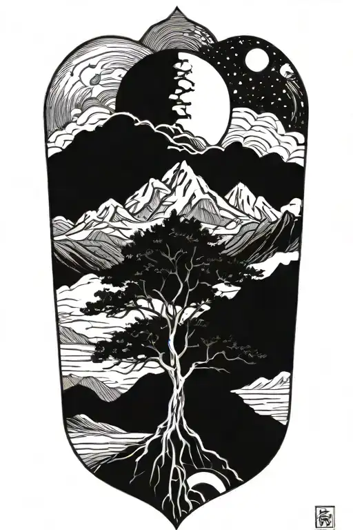 christian tree with roots with mountains and space above it inside traingle designs tattoo design idea