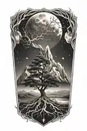 tree with roots and a mountain background with outerspace and heaven above inside diamond tattoo design idea