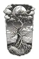 tree with roots mountains outerspace and heaven  tattoo design idea