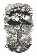 tree with roots mountains outerspace and heaven  tattoo design idea