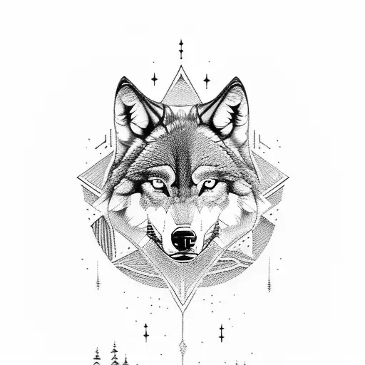 A powerful wolf standing on the banks of a river, with Egyptian symbols reflected in the water tattoo design idea