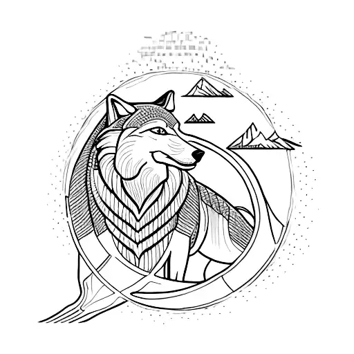 A powerful wolf standing on the banks of a river, with Egyptian symbols reflected in the water tattoo design idea