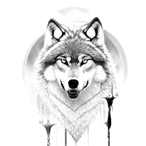 A powerful wolf standing on the banks of a river, with Egyptian symbols reflected in the water tattoo design idea