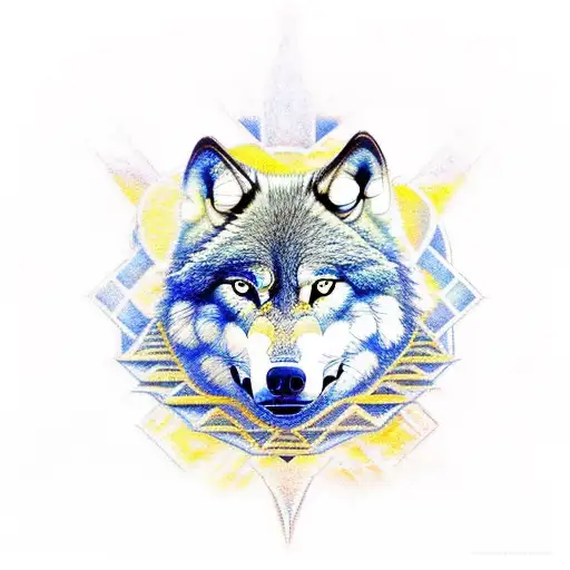 A powerful wolf standing on the banks of a river, with Egyptian symbols reflected in the water tattoo design idea