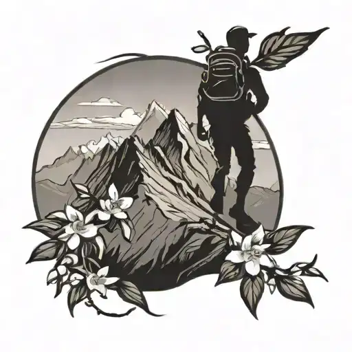 A silhouette of a hiker reaching the mountain peak with a trail of jasmine flowers leading the way tattoo design idea