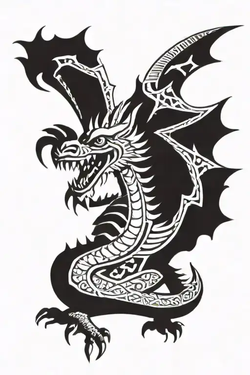 Aztec style dragon with wings spread wide tattoo design idea