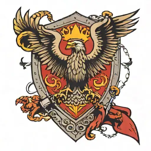the shield of the brilat. an eagle with its claws extended ready to hunt. the shield has two swords and a crown tattoo design idea