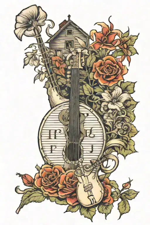 music, farm scene, new jersey paying homage, flowers tattoo design idea