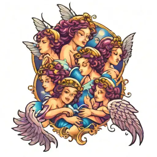 Purple blue and black bubbly tattoo of multiple angels flying to heaven with beautiful view on forearm  tattoo design idea