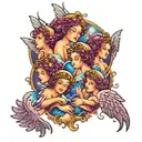 Purple blue and black bubbly tattoo of multiple angels flying to heaven with beautiful view on forearm  tattoo design idea