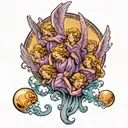 Purple blue and black bubbly tattoo of multiple angels flying to heaven with beautiful view on forearm  tattoo design idea