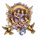 Purple blue and black bubbly tattoo of multiple angels flying to heaven with beautiful view on forearm  tattoo design idea