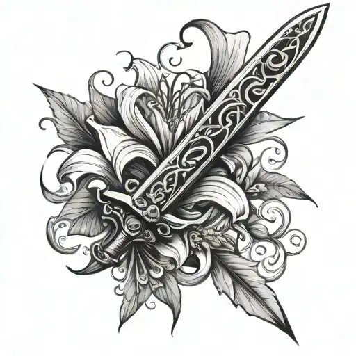 minimalistic  fantasy Sword with a lily vine wrapping around it tattoo design idea