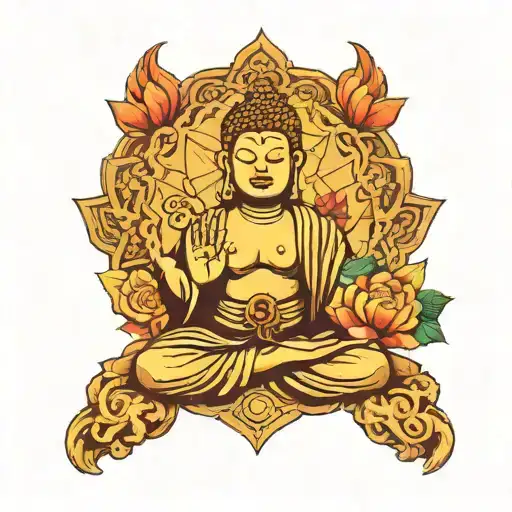 budda hand and chakra symbol surrounded tattoo design idea
