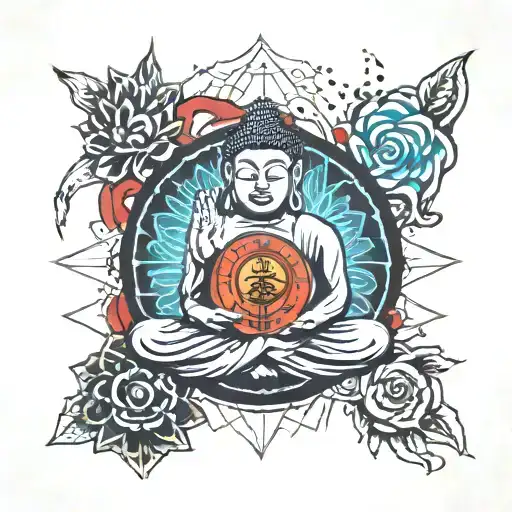 budda hand and chakra symbol tattoo design idea