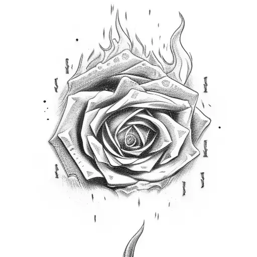 money rose with flames and Skelton hand tattoo design idea