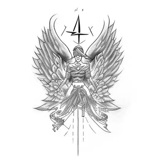 a tattoo for woman thigh in black with the motives: rock festivals, paragraph symbol for law, angel, family symbol, sagi tattoo design idea