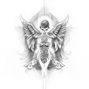 a tattoo for woman thigh in black with the motives: rock festivals, paragraph symbol for law, angel, family symbol, sagi tattoo design idea