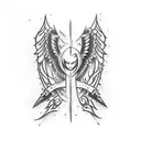 a tattoo for woman thigh in black with the motives: rock festivals, paragraph symbol for law, angel, family symbol, sagi tattoo design idea