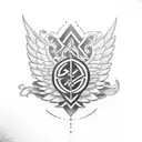 a tattoo for woman thigh in black with the motives: rock festivals, paragraph symbol for law, angel, family symbol, sagi tattoo design idea