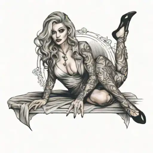 Design a tattoo showcasing a sexy outfit worn by a hotwife with subtle hints of a BBC tattoo design idea
