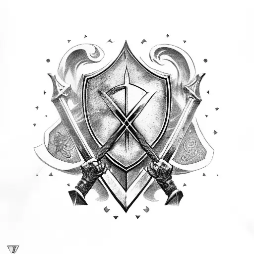 Templar hands holding sword surrounded by ancient symbols and runes tattoo design idea